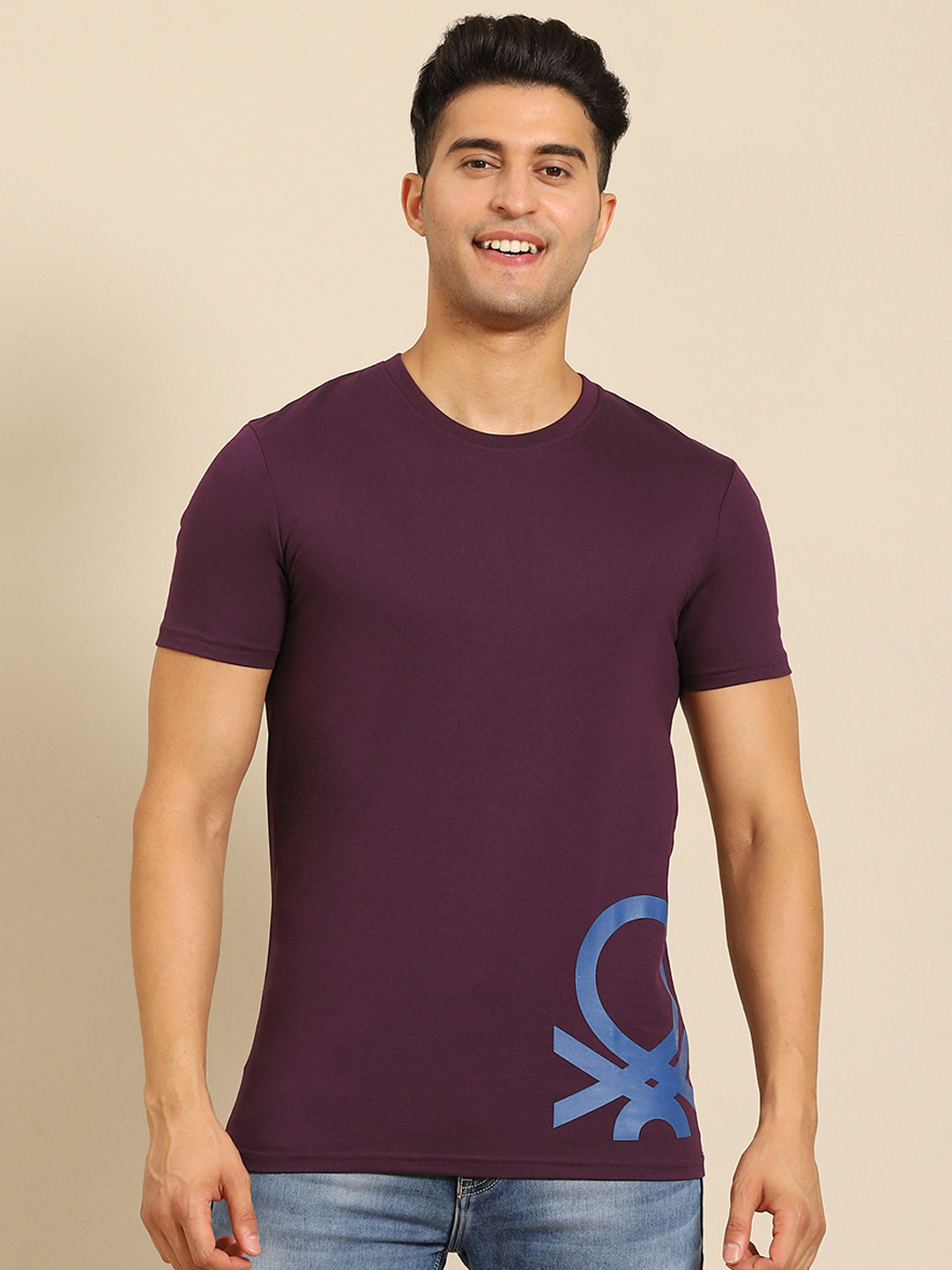 

United Colors of Benetton Men Purple Brand Logo Printed T-shirt