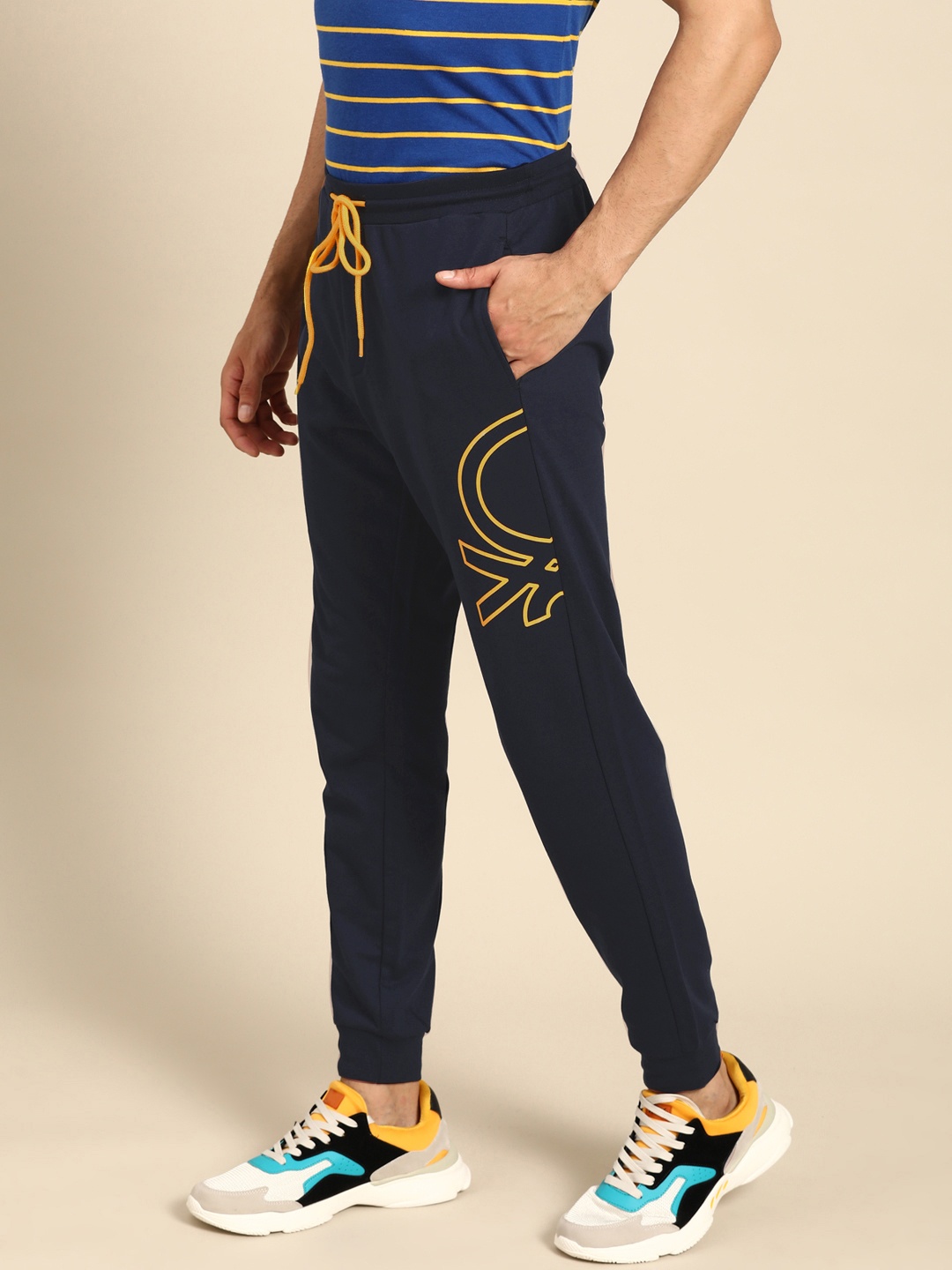 

United Colors of Benetton Men Navy Blue Brand Logo Printed Joggers