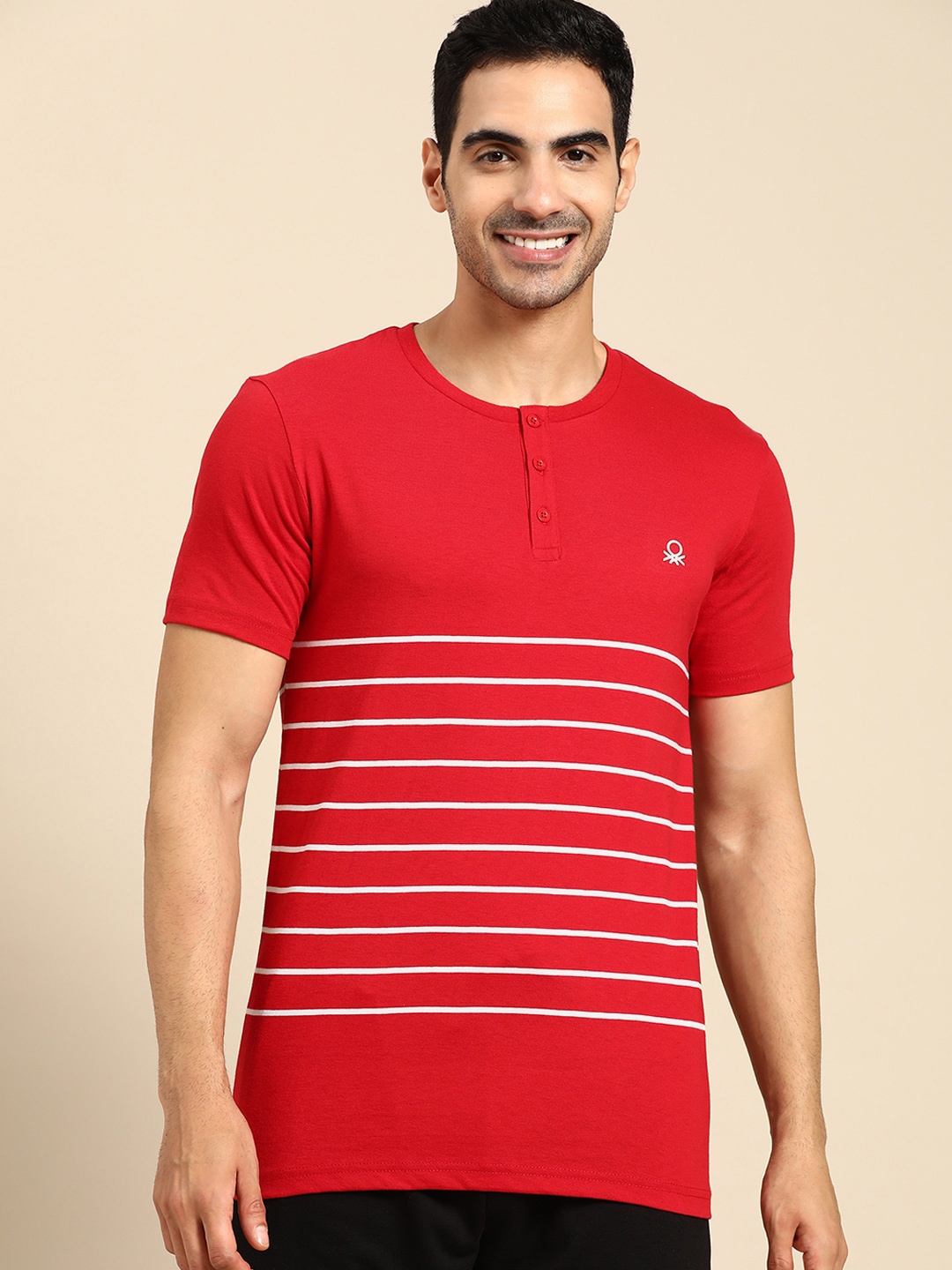 

United Colors of Benetton Men Red & White Striped Henley Neck T-shirt