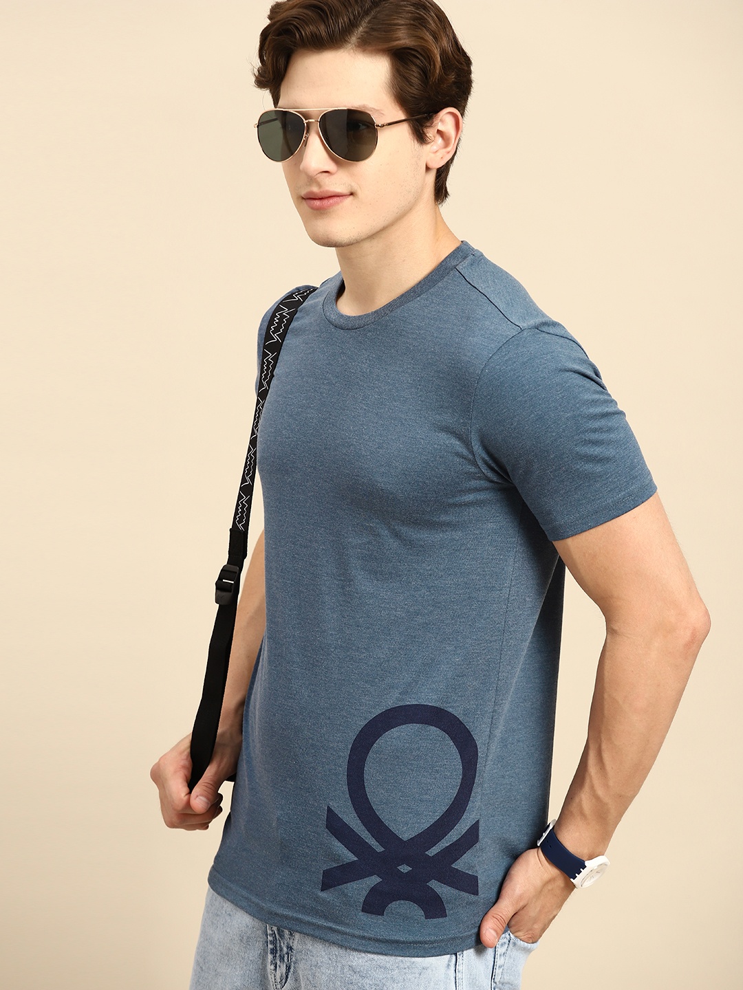 

United Colors of Benetton Men Blue Brand Logo Printed T-shirt