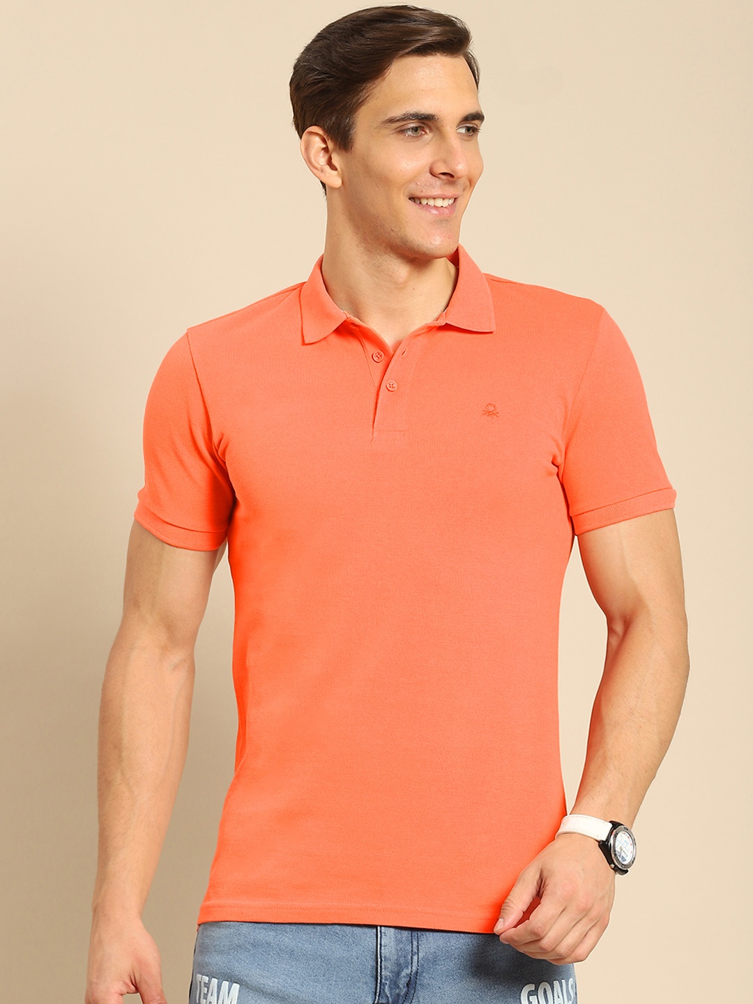 

United Colors of Benetton Men Coral Orange Polo Collar T-shirt