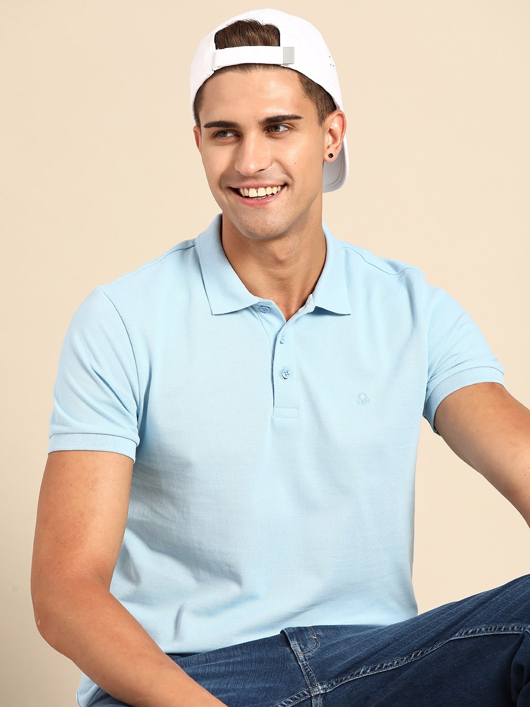 

United Colors of Benetton Men Blue Polo Collar Pure Cotton T-shirt