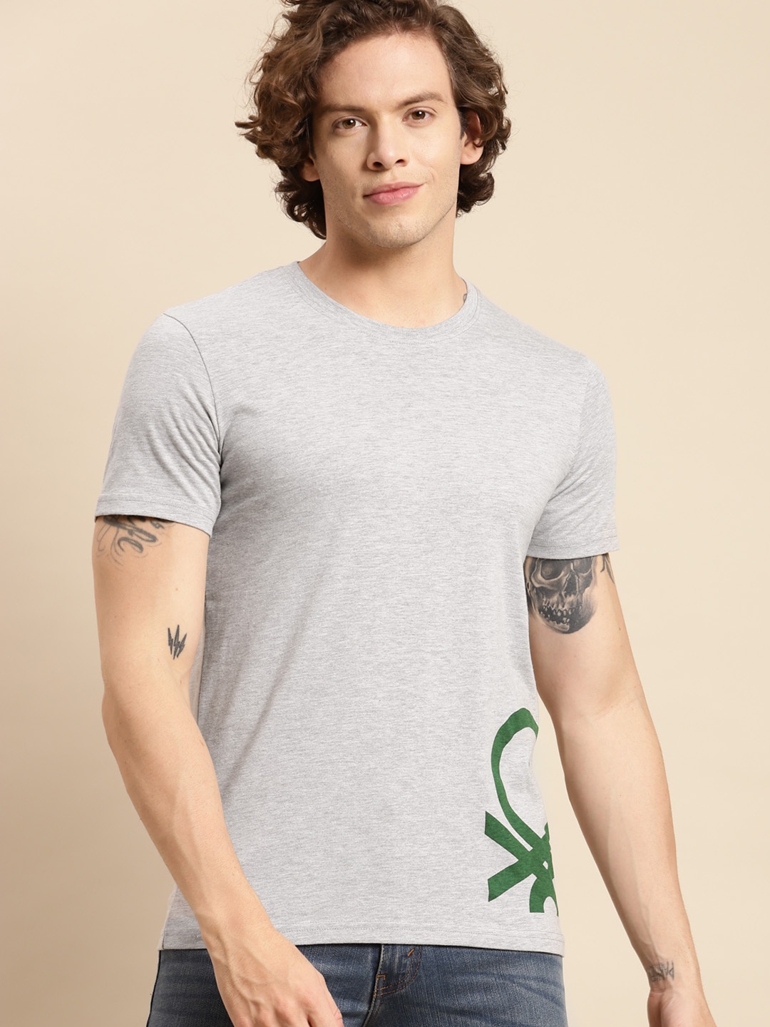 

United Colors of Benetton Men Grey Melange & Green T-shirt