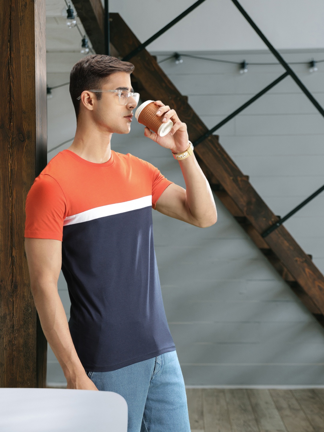 United Colors of Benetton Men Orange & Navy Blue Colourblocked T-shirt