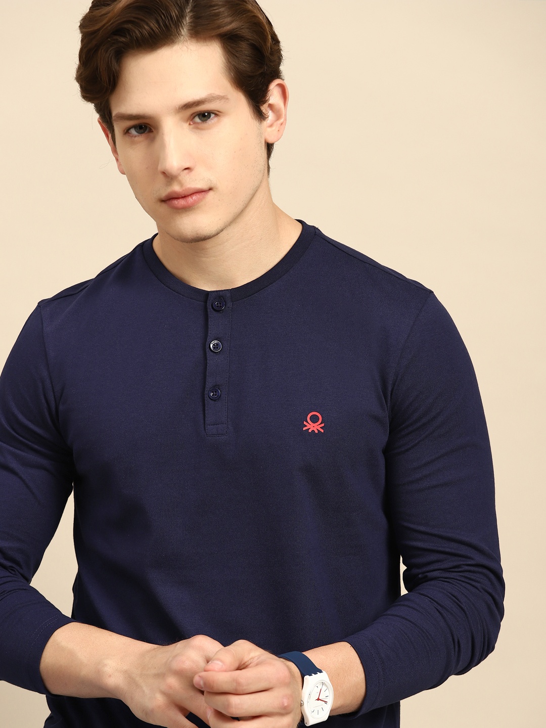 

United Colors of Benetton Men Navy Blue Henley Neck T-shirt