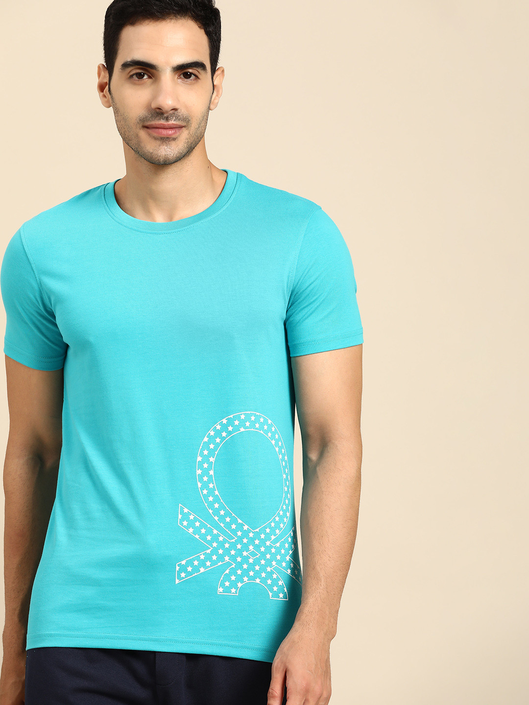 

United Colors of Benetton Men Turquoise Blue & White Brand Logo Printed T-shirt