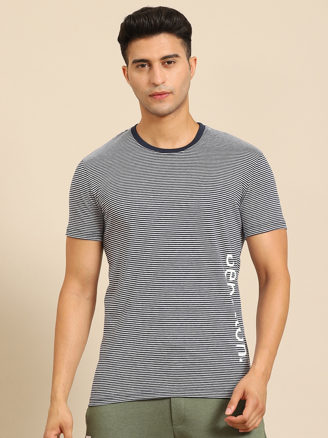 

United Colors of Benetton Men Navy Blue & White Brand Logo Striped T-shirt
