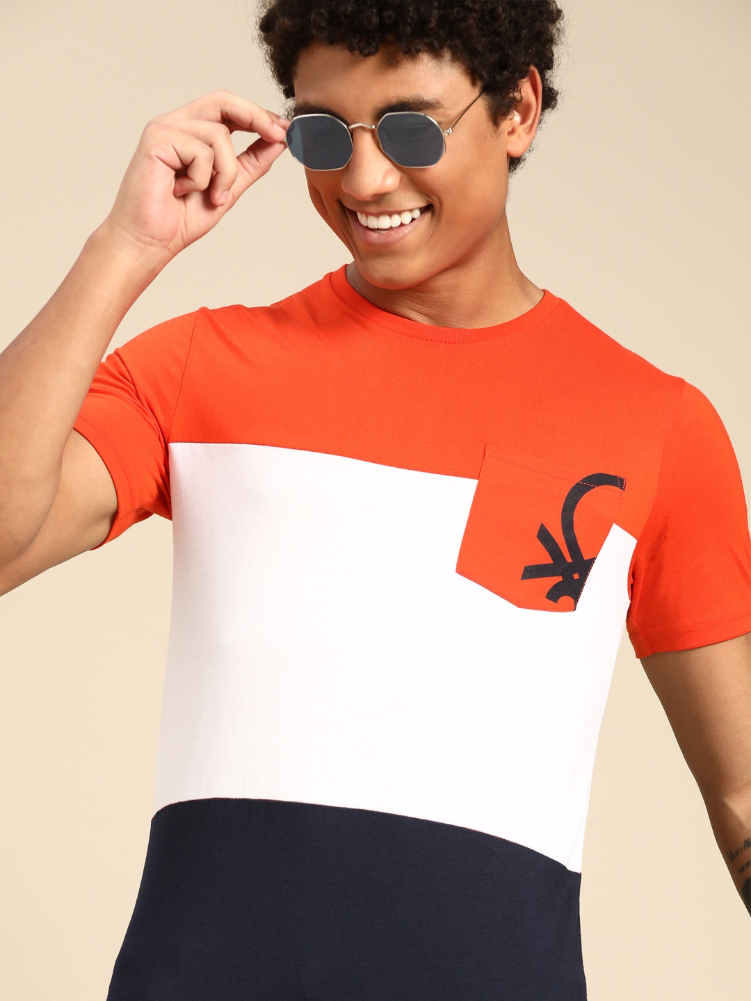 

United Colors of Benetton Men Orange & White Colourblocked T-shirt