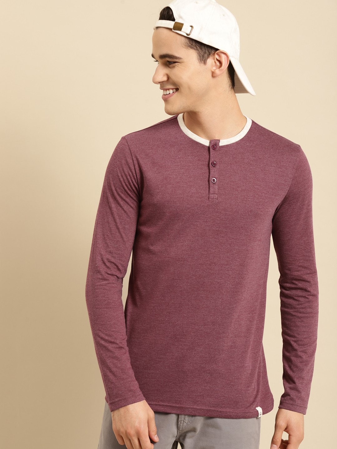 

United Colors of Benetton Men Burgundy Henley Neck T-shirt