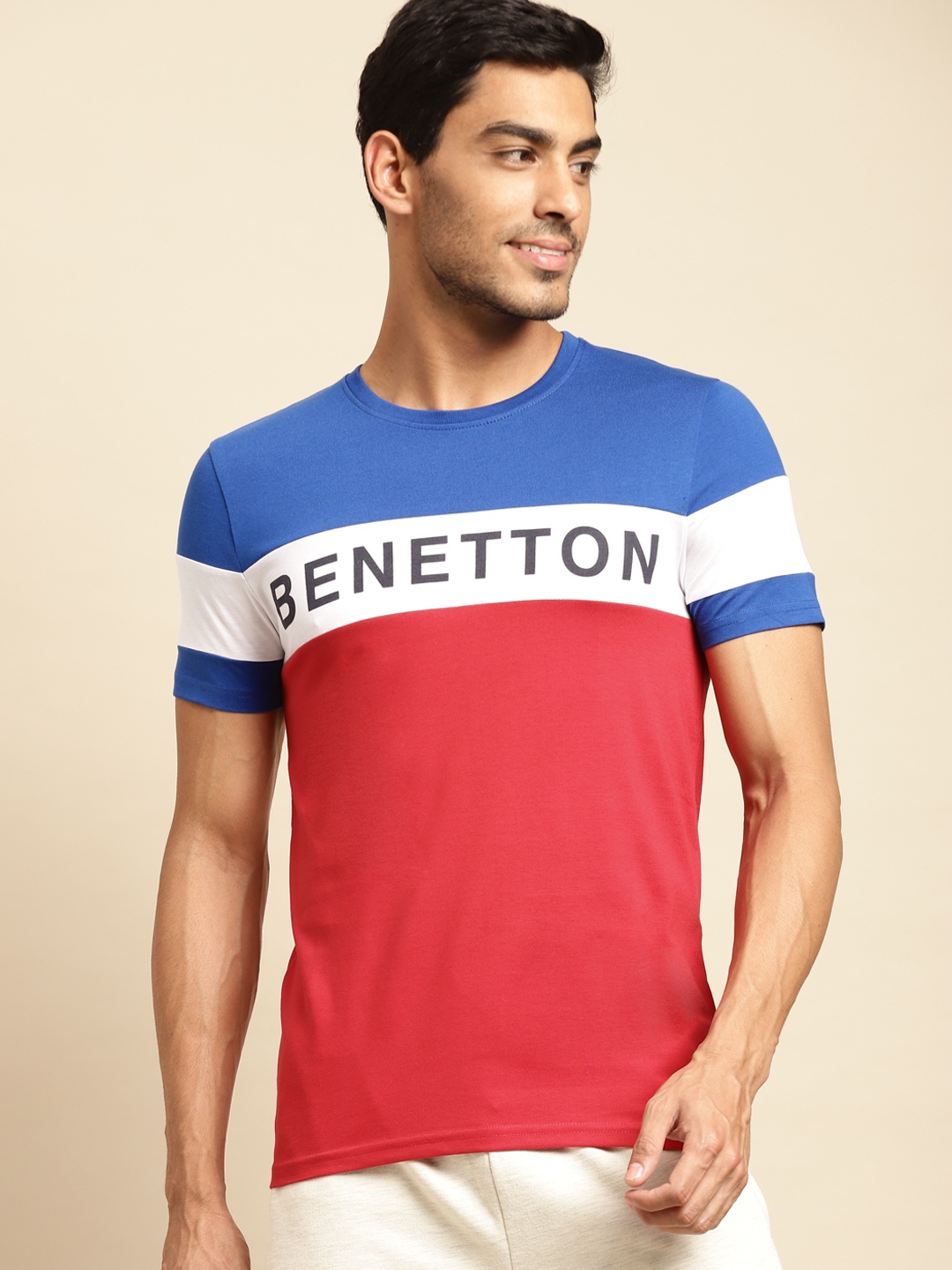 

United Colors of Benetton Men Blue & Red Brand Logo Colourblocked T-shirt