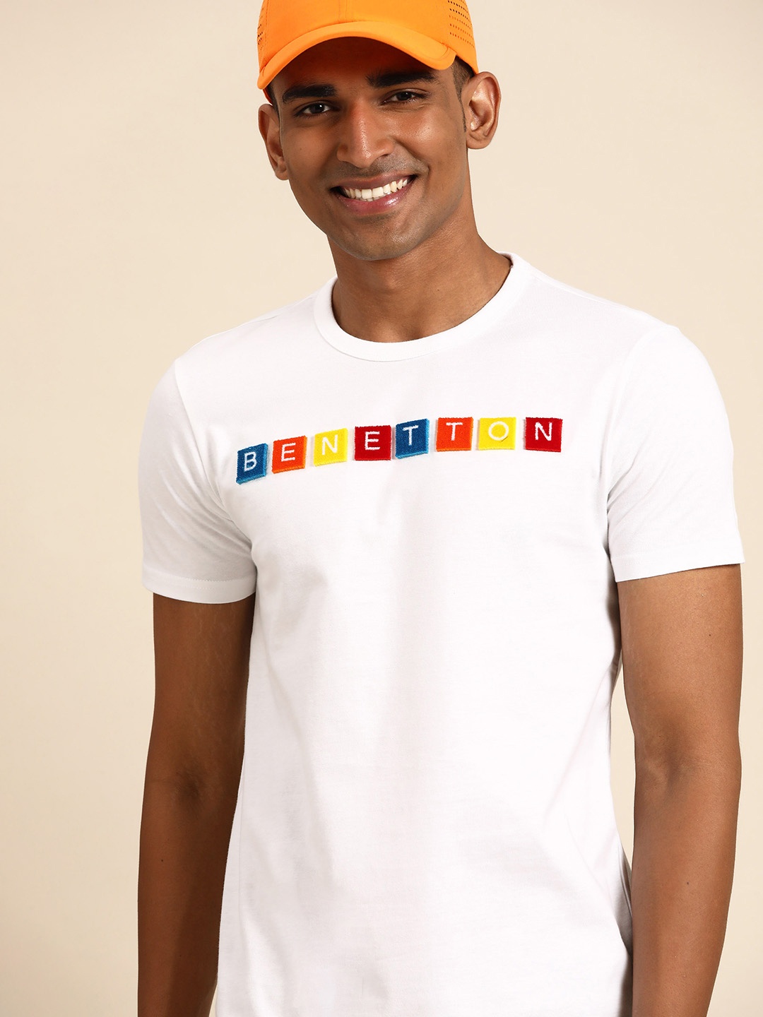 

United Colors of Benetton Men White Brand Logo Printed Pure Cotton T-shirt