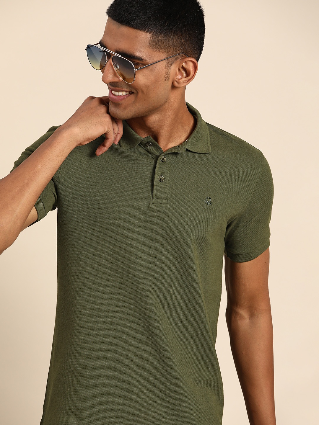 

United Colors of Benetton Men Olive Green Polo Collar Pure Cotton T-shirt
