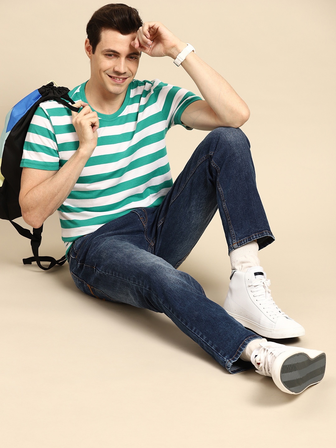 

United Colors of Benetton Men Green & White Striped T-shirt