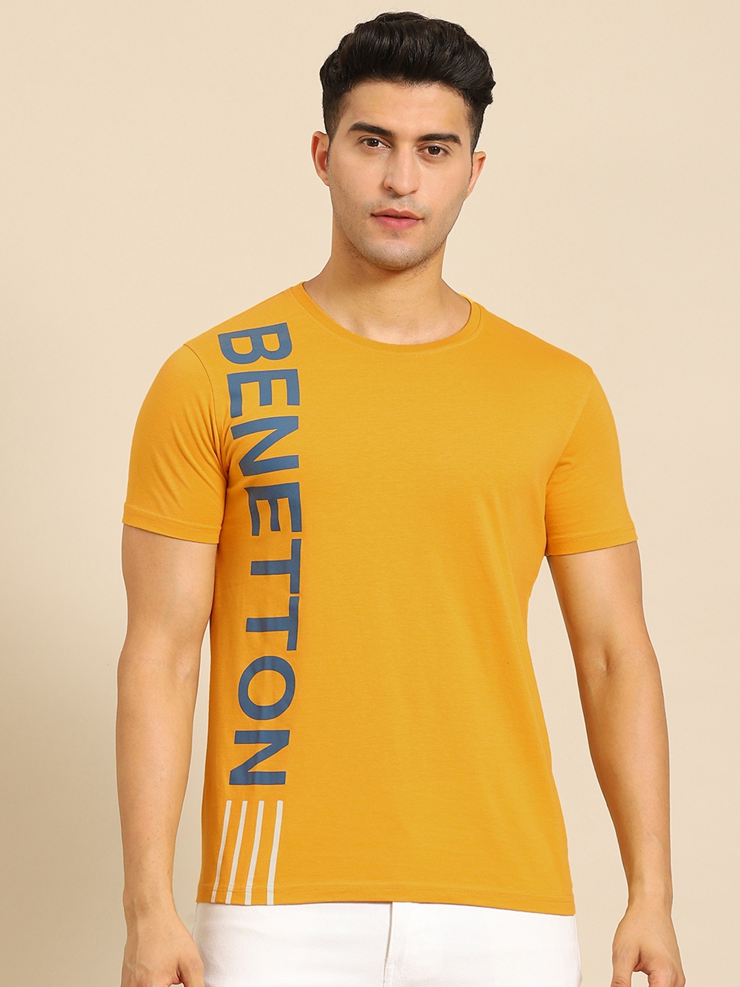 

United Colors of Benetton Men Mustard Yellow Brand Logo Printed T-shirt