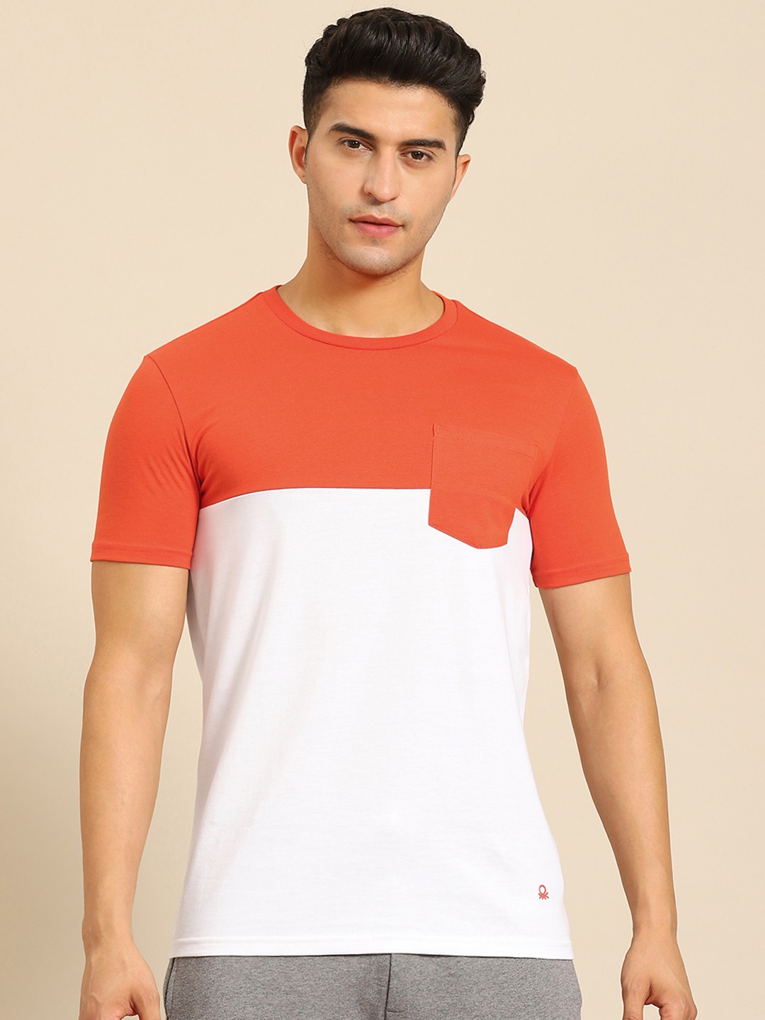 

United Colors of Benetton Men Orange & White Colourblocked T-shirt