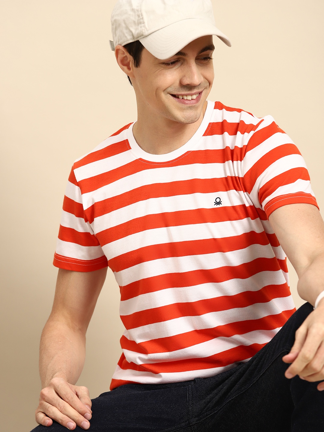 

United Colors of Benetton Men Orange & White Striped T-shirt