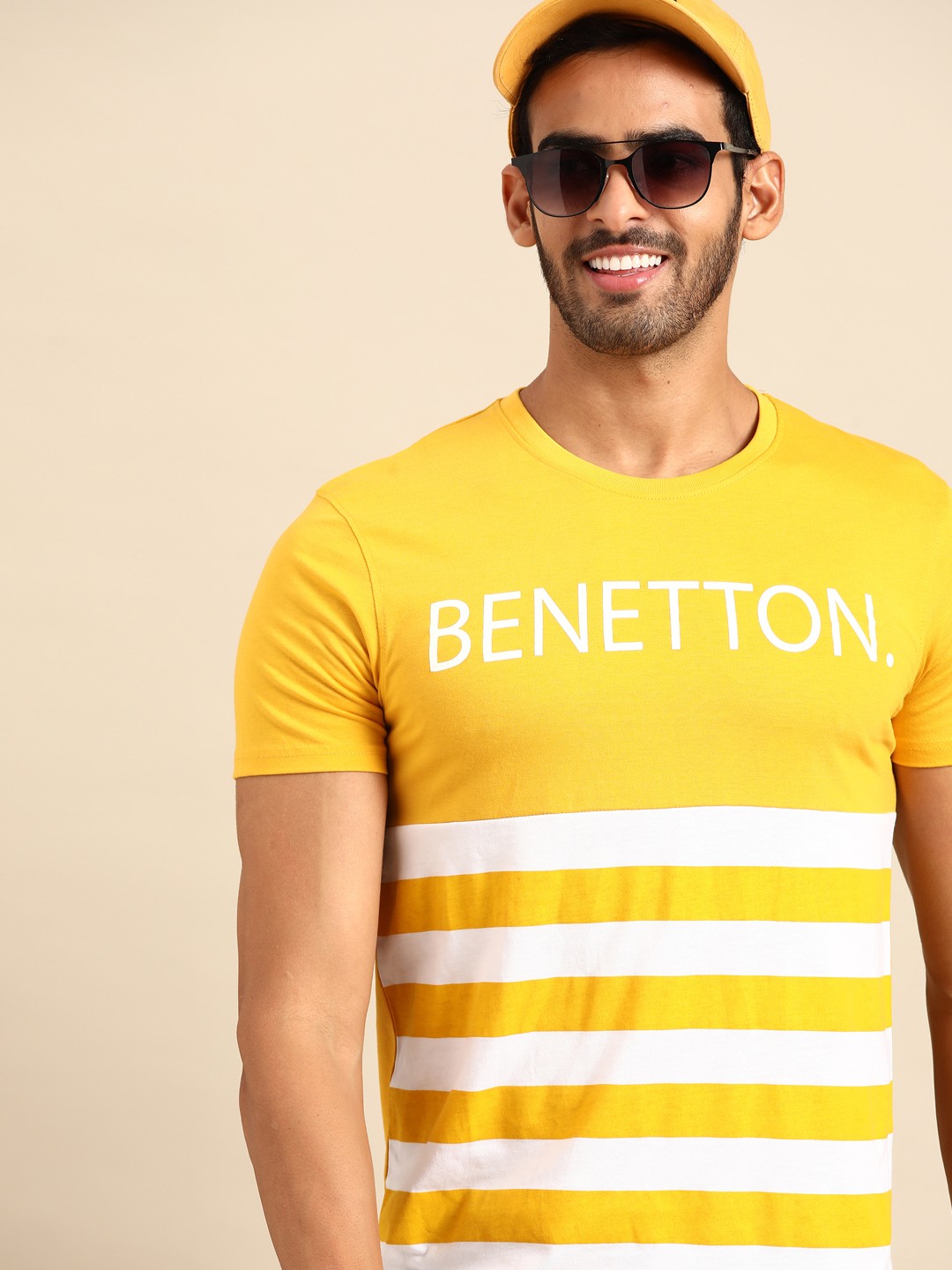 

United Colors of Benetton Men Mustard Yellow & White Brand Logo Striped T-shirt