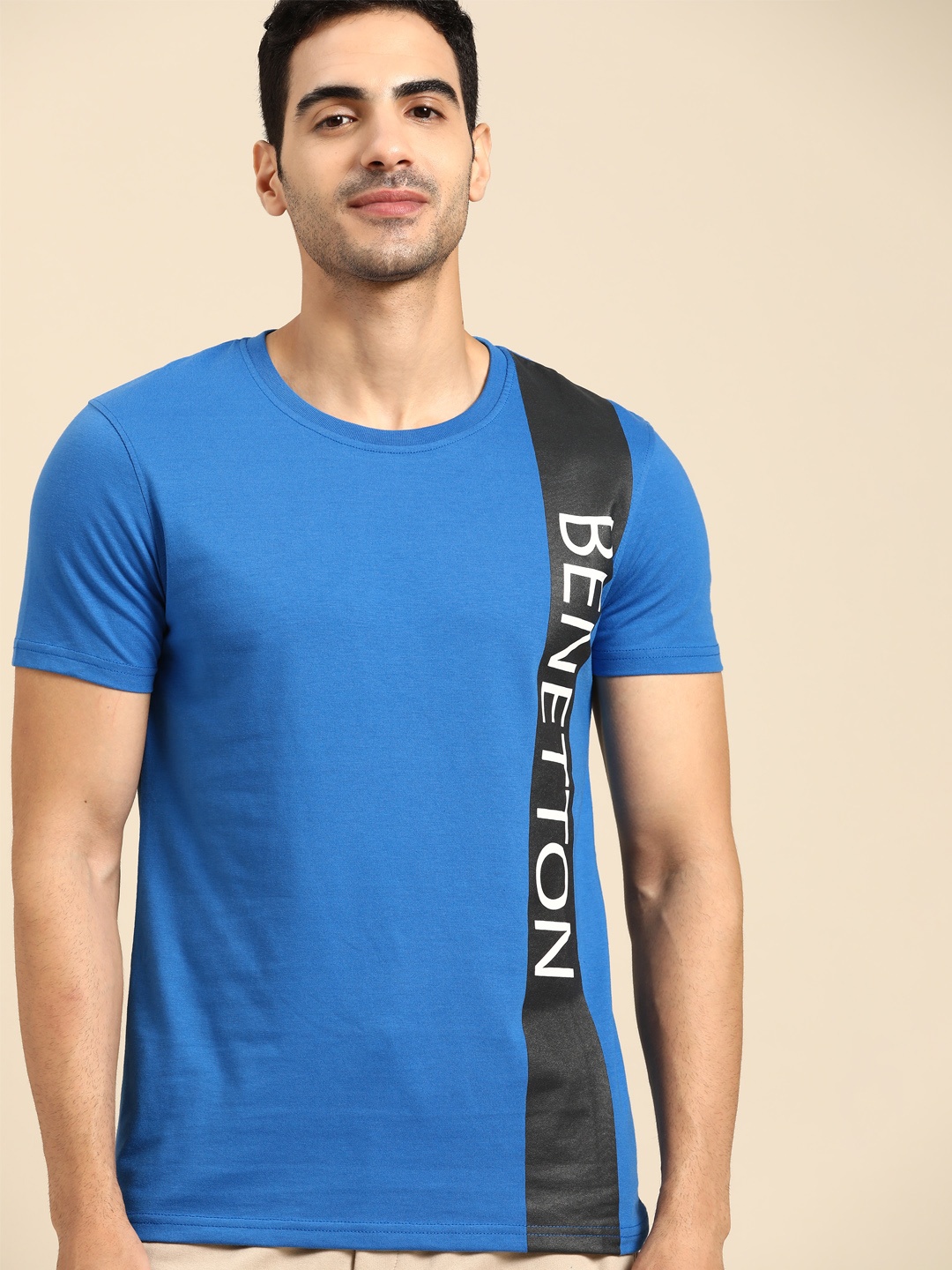 

United Colors of Benetton Men Blue & Black Brand Logo Printed T-shirt