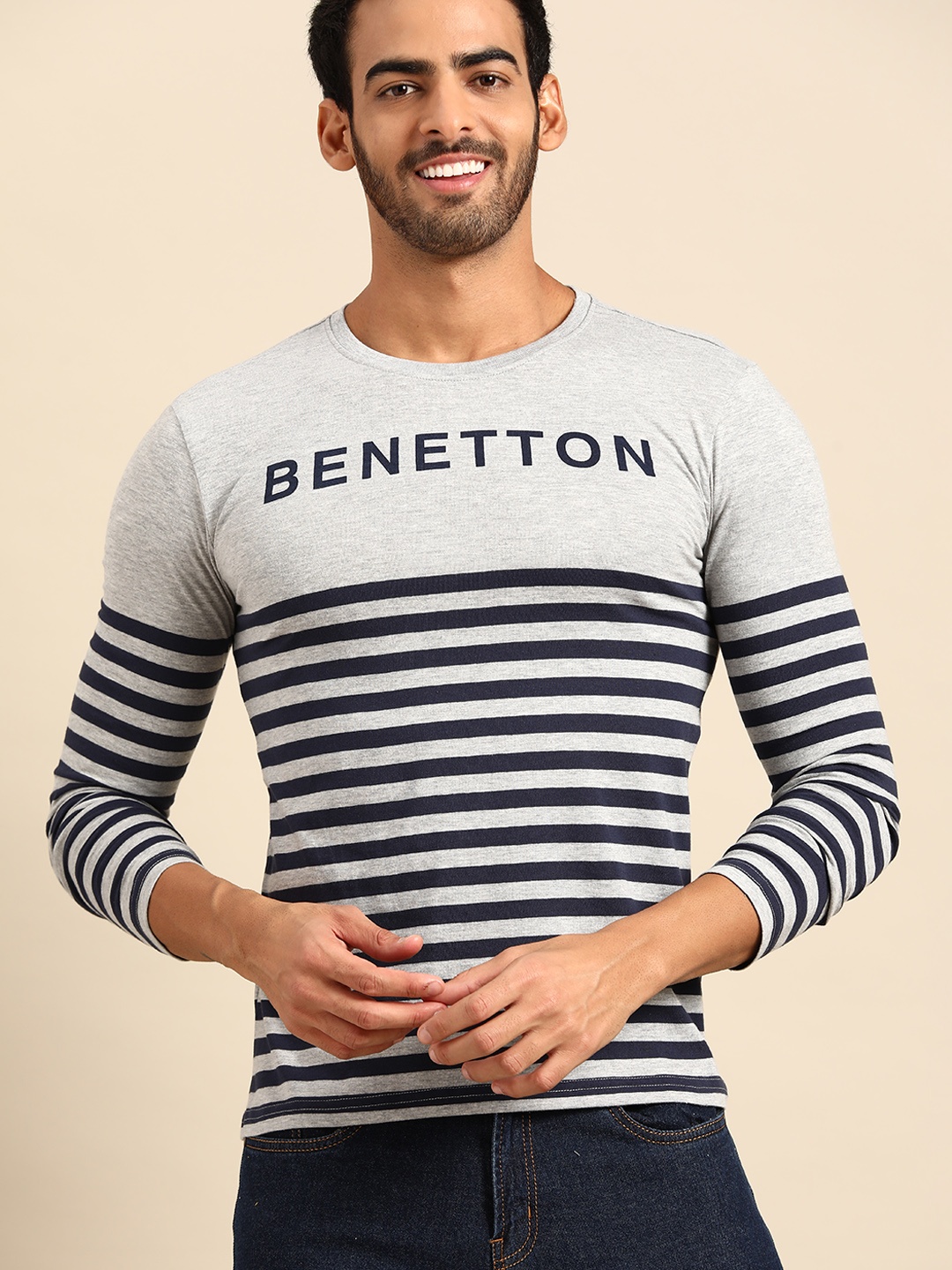 

United Colors of Benetton Men Grey Melange & Navy Blue Brand Logo Striped T-shirt