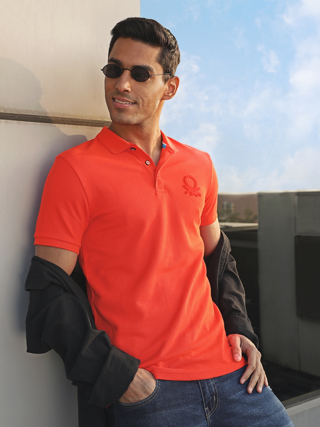 

United Colors of Benetton Men Orange Polo Collar Pure Cotton T-shirt