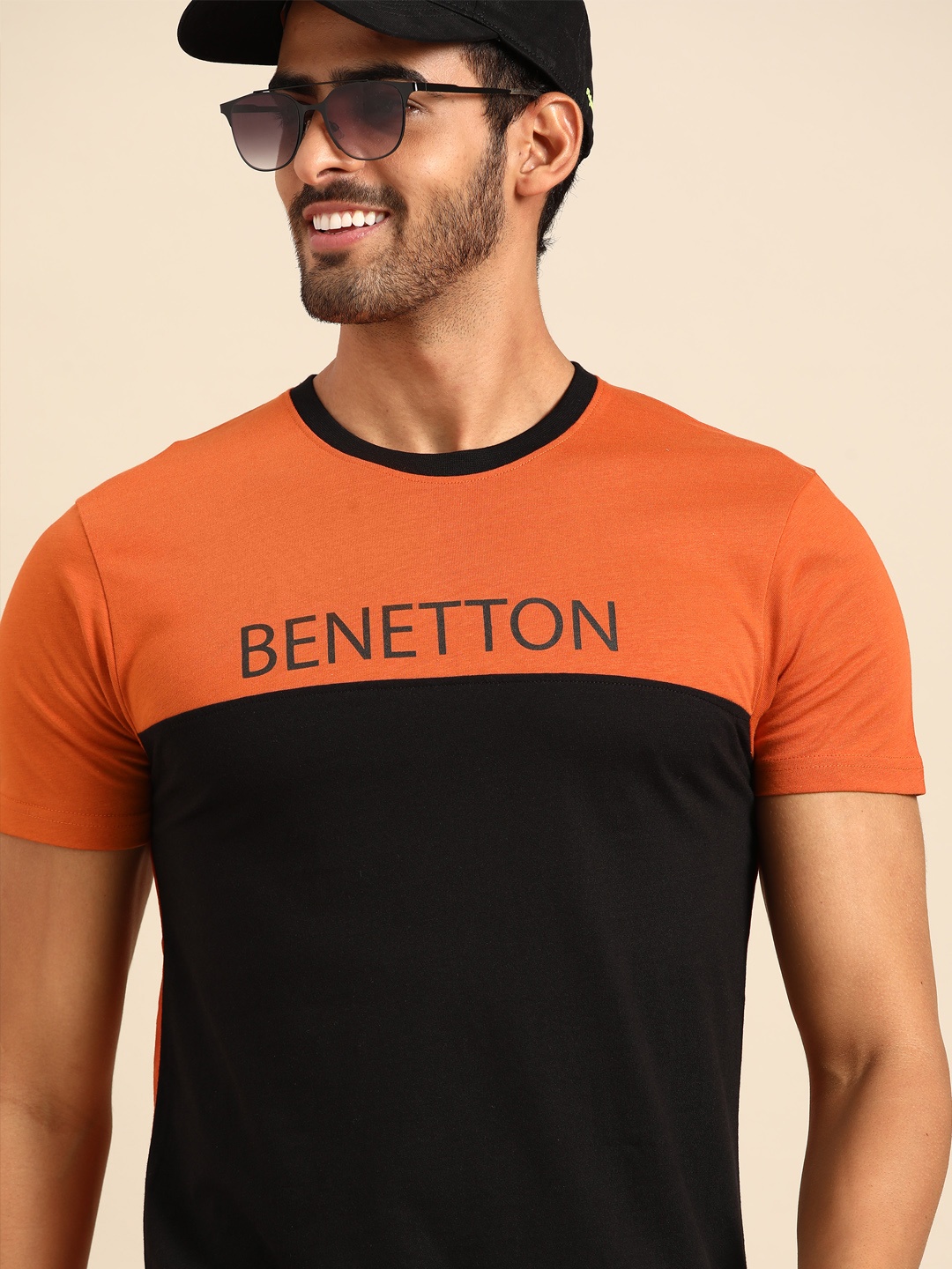 

United Colors of Benetton Men Black & Rust Colourblocked Pure Cotton T-shirt
