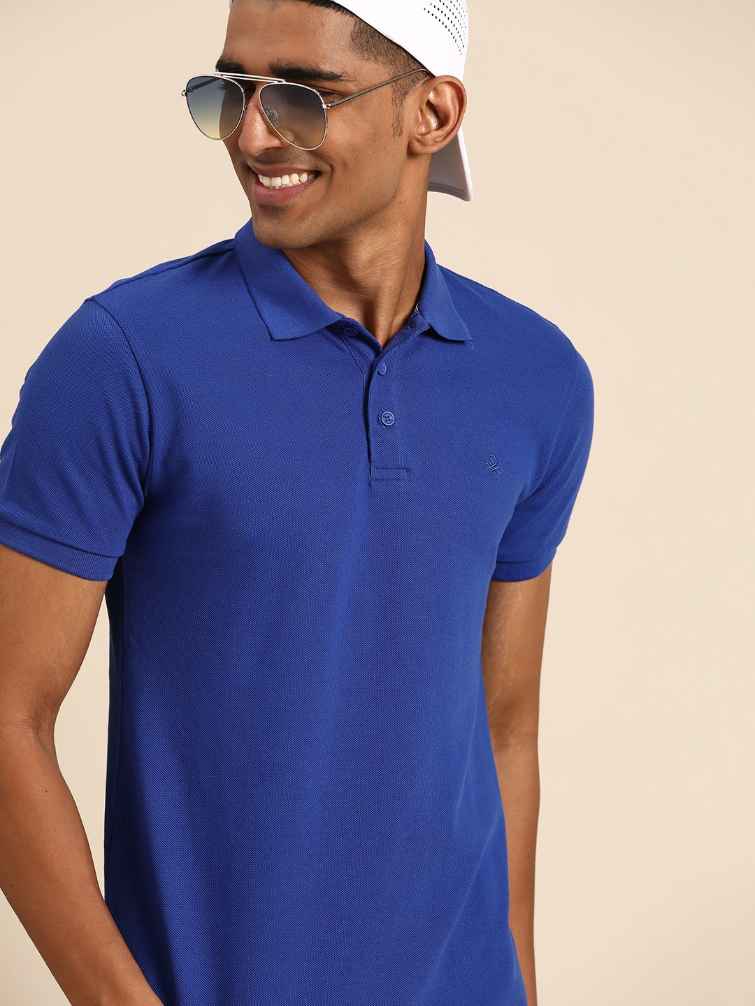 

United Colors of Benetton Men Blue Polo Collar Pure Cotton T-shirt