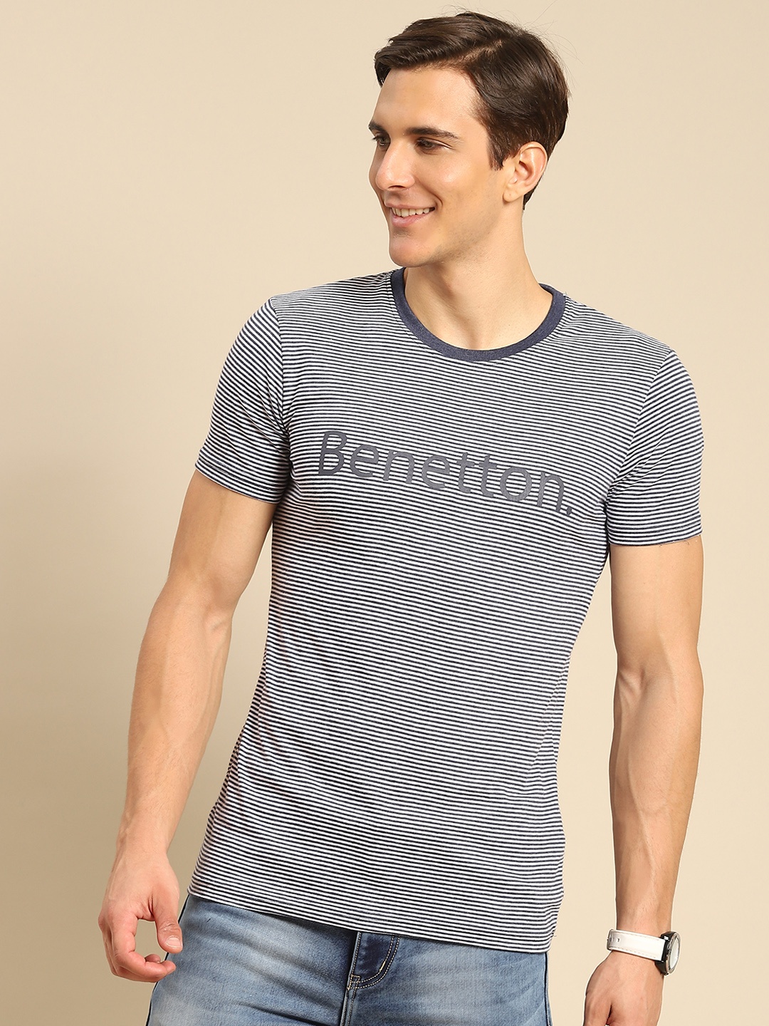 

United Colors of Benetton Men Navy Blue & White Brand Logo Striped T-shirt