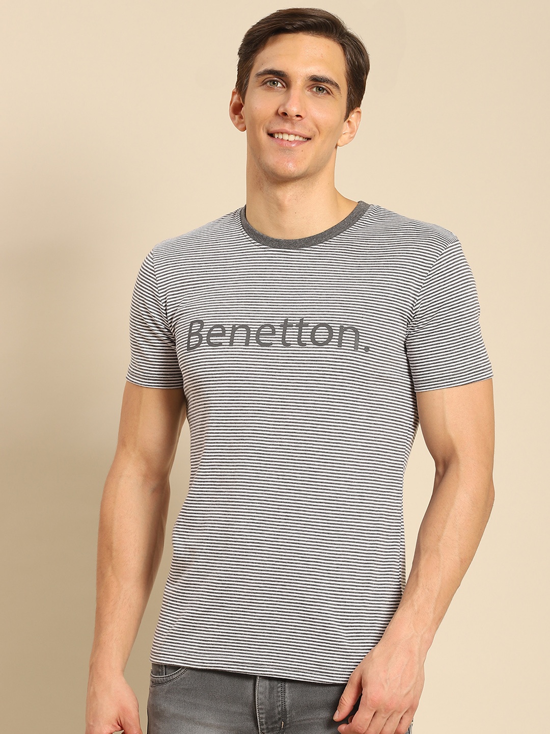 

United Colors of Benetton Men Charcoal Grey & White Brand Logo Striped T-shirt