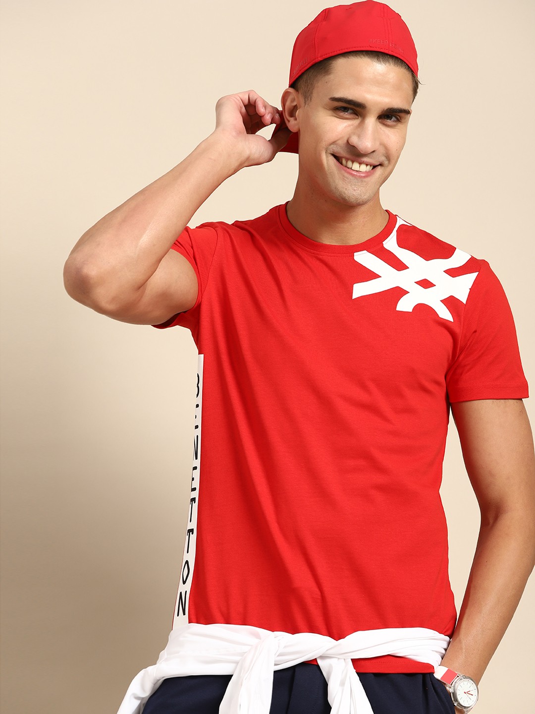 

United Colors of Benetton Men Red & White Brand Logo Printed Pure Cotton T-shirt