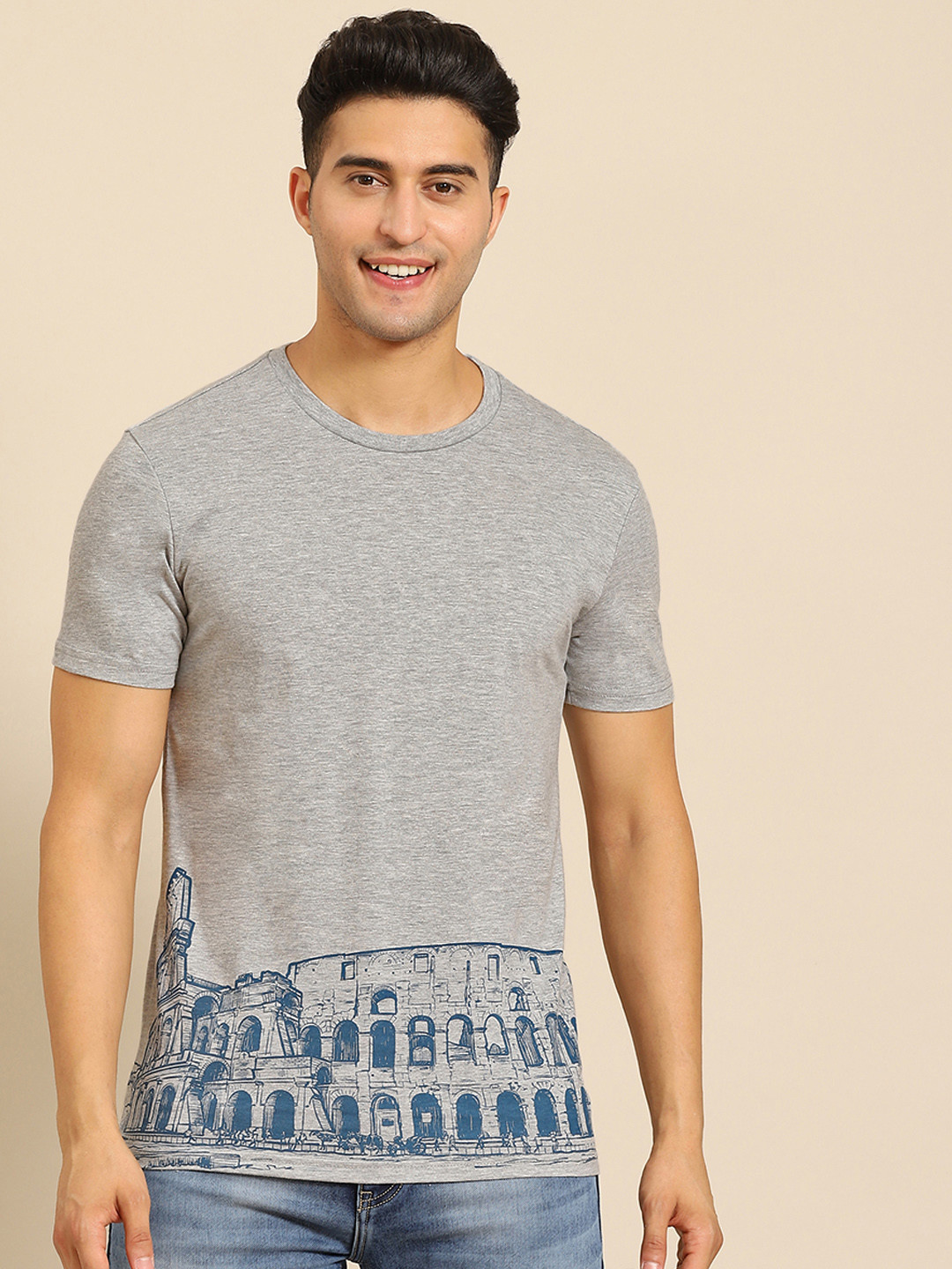

United Colors of Benetton Men Grey Melange & Blue Graphic Printed T-shirt