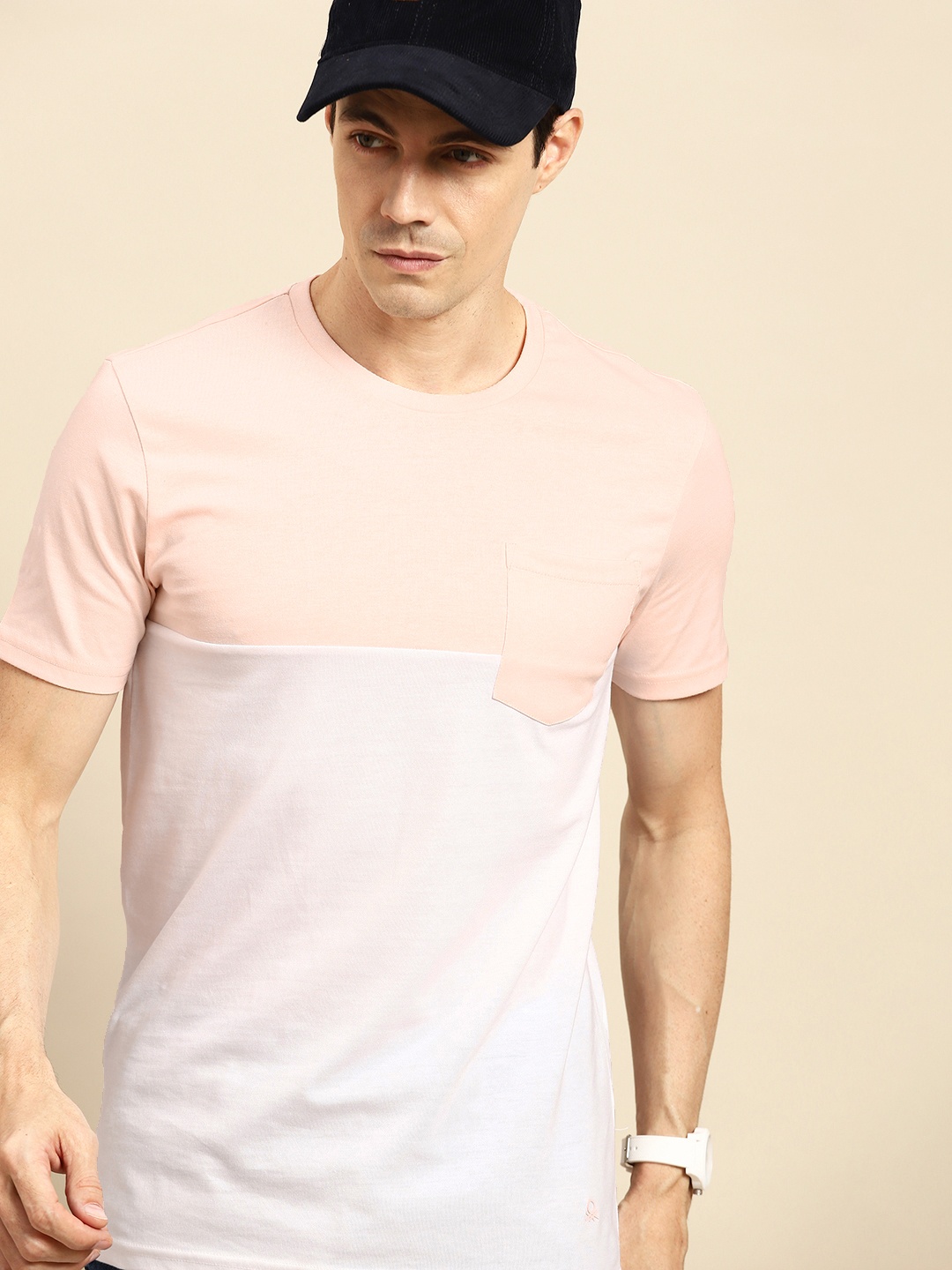 

United Colors of Benetton Men Peach-Coloured & White Colourblocked T-shirt