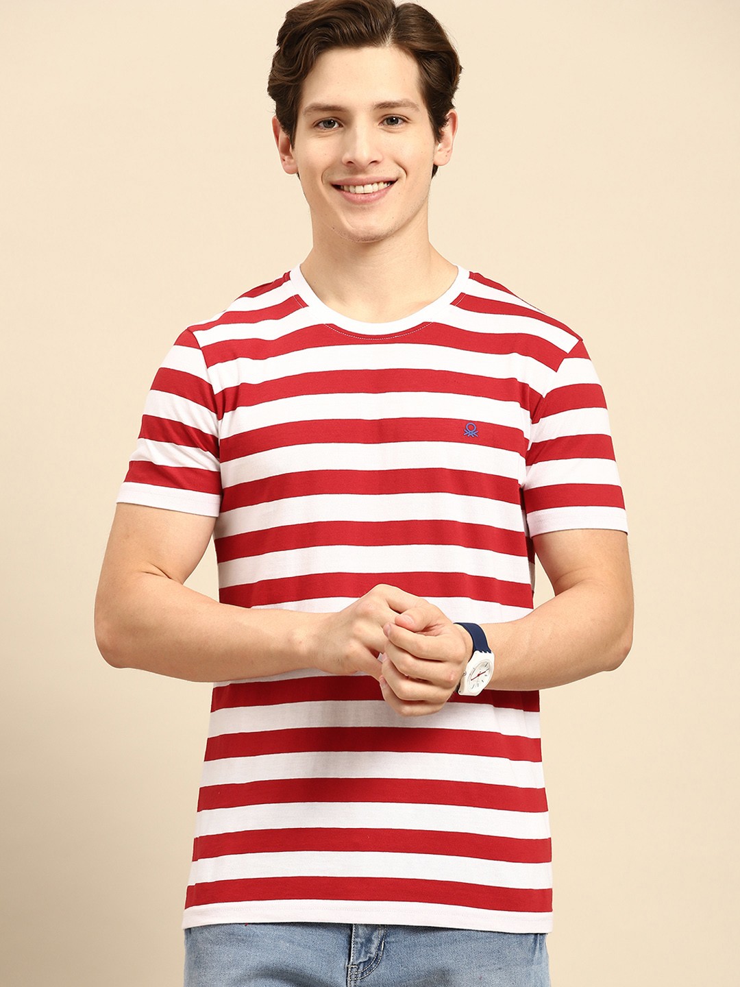 

United Colors of Benetton Men Red & White Striped T-shirt