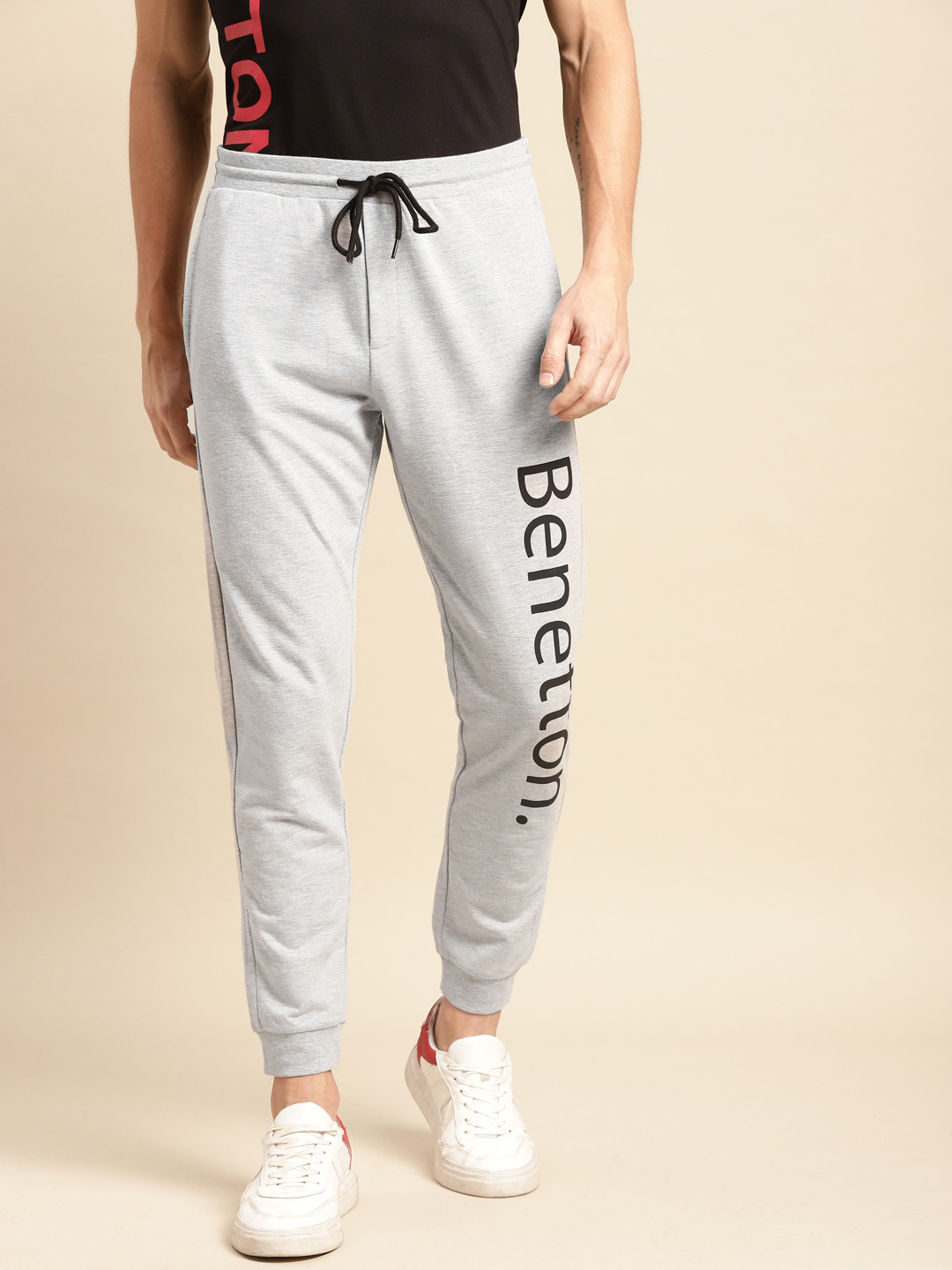 

United Colors of Benetton Men Grey & Black Brand Logo Printed Joggers