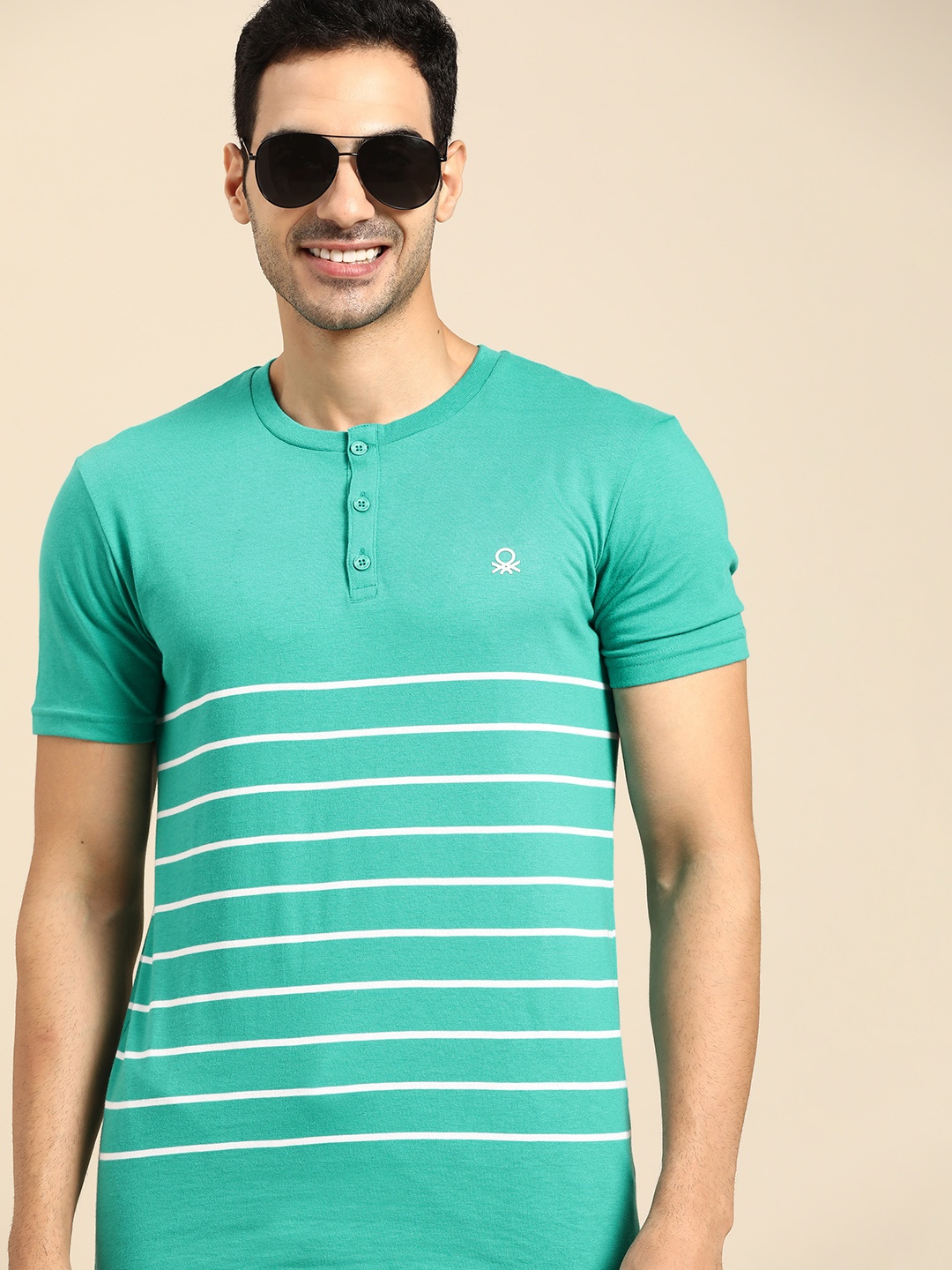 

United Colors of Benetton Men Sea Green & White Striped Henley Neck T-shirt