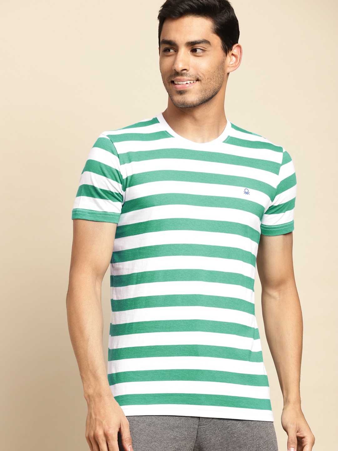 

United Colors of Benetton Men Green & White Striped T-shirt