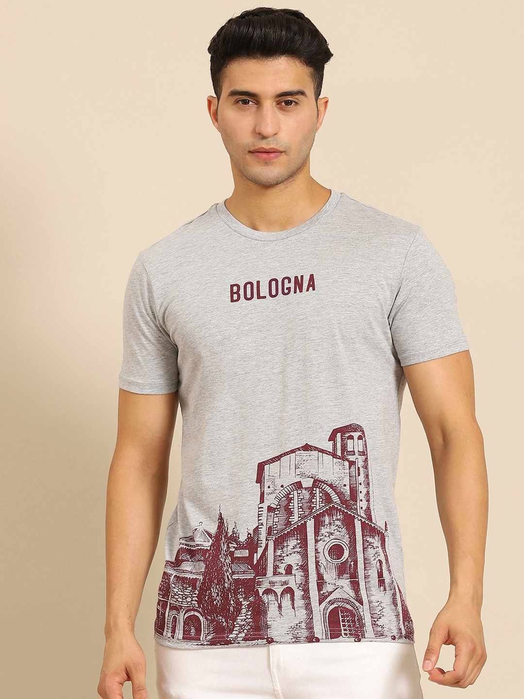

United Colors of Benetton Men Grey Melange & Maroon Pure Cotton Printed T-shirt