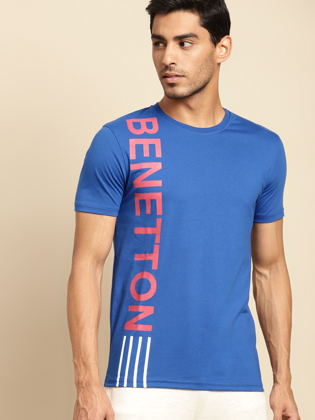 

United Colors of Benetton Men Blue & Red Brand Logo Printed T-shirt