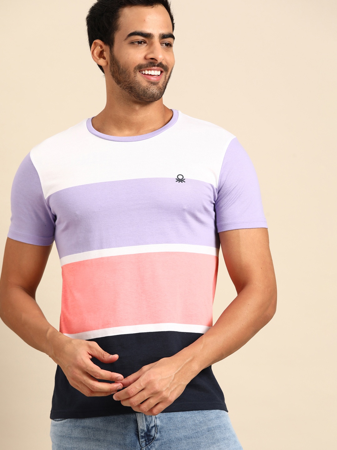 

United Colors of Benetton Men Lavender & White Striped T-shirt