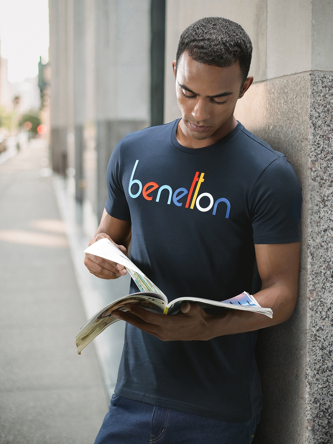 

United Colors of Benetton Men Navy Blue & Red Brand Logo Printed Cotton T-shirt