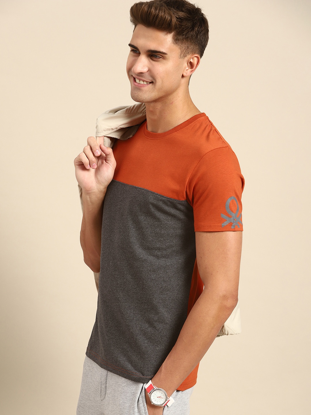 

United Colors of Benetton Men Rust Orange & Charcoal Colourblocked T-shirt