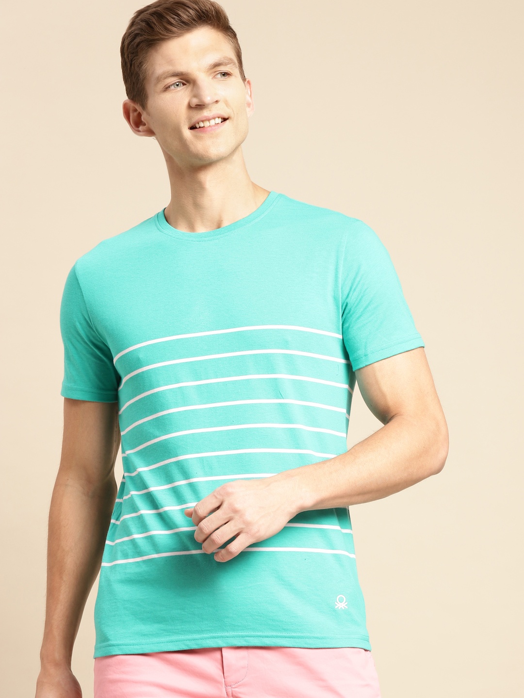 

United Colors of Benetton Men Green & White Striped T-shirt