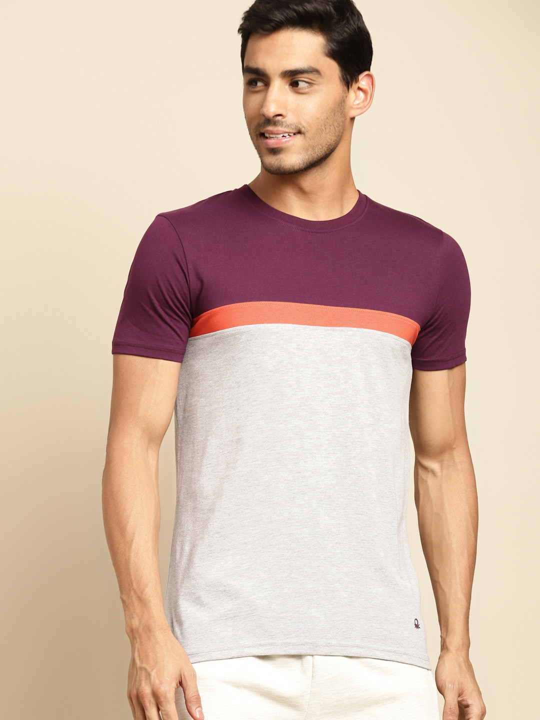 

United Colors of Benetton Men Burgundy & Grey Melange Colourblocked T-shirt