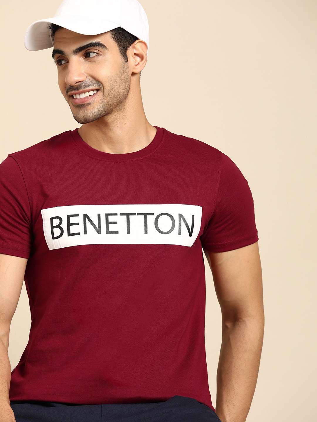 

United Colors of Benetton Men Burgundy & White Brand Logo Printed T-shirt