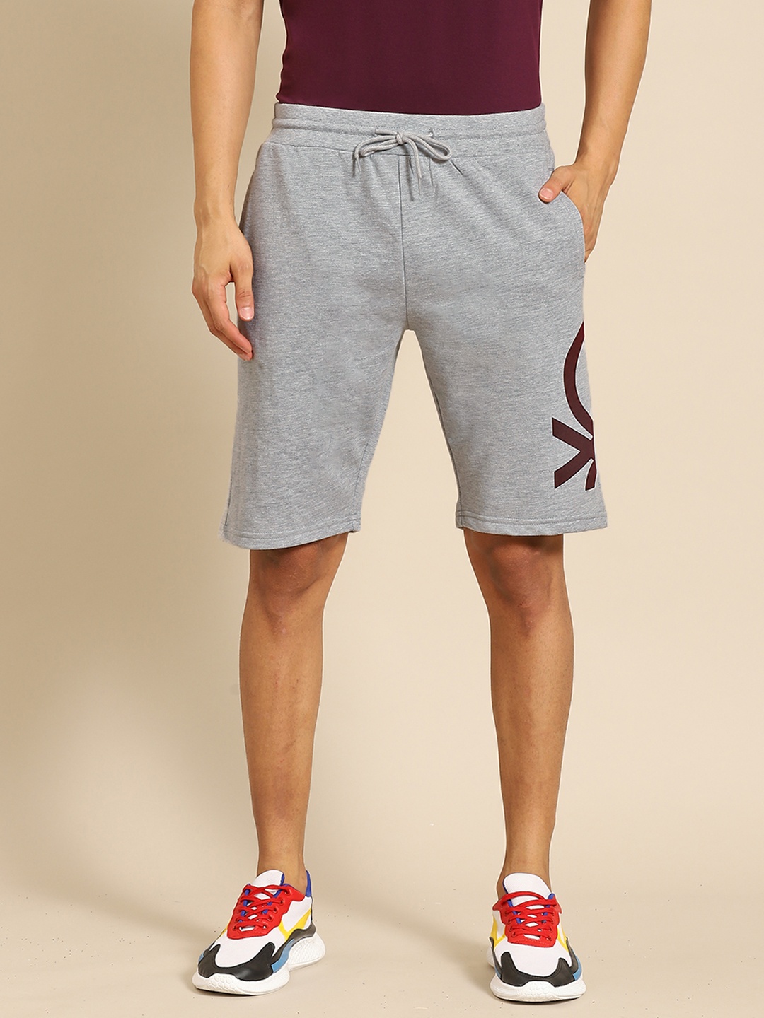 

United Colors of Benetton Men Grey Melange Pure Cotton Brand Logo Printed Shorts