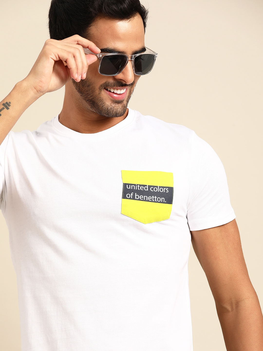 

United Colors of Benetton Men White & Lime Green Brand Logo T-shirt
