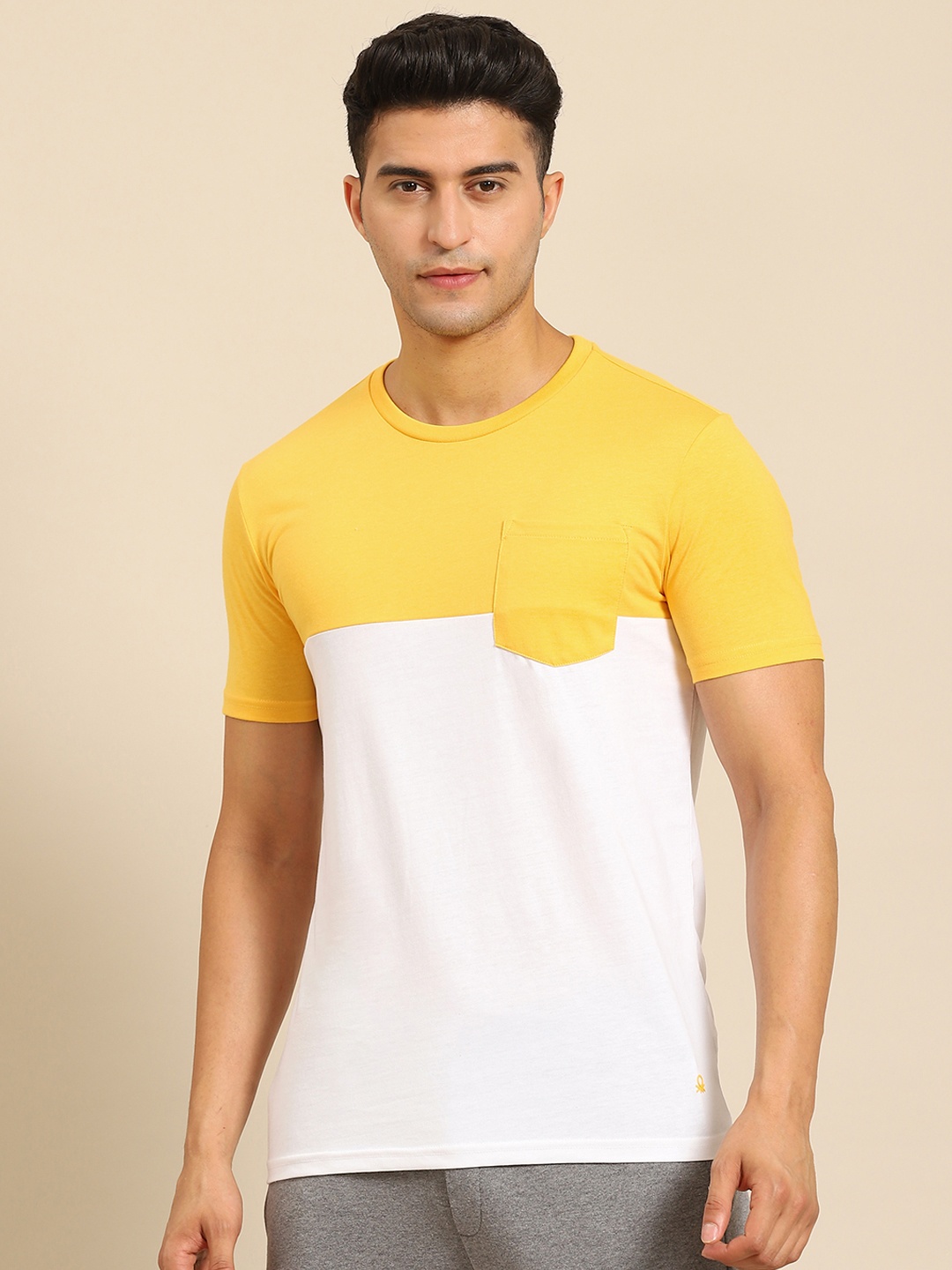 United Colors of Benetton Men Yellow & White Colourblocked T-shirt
