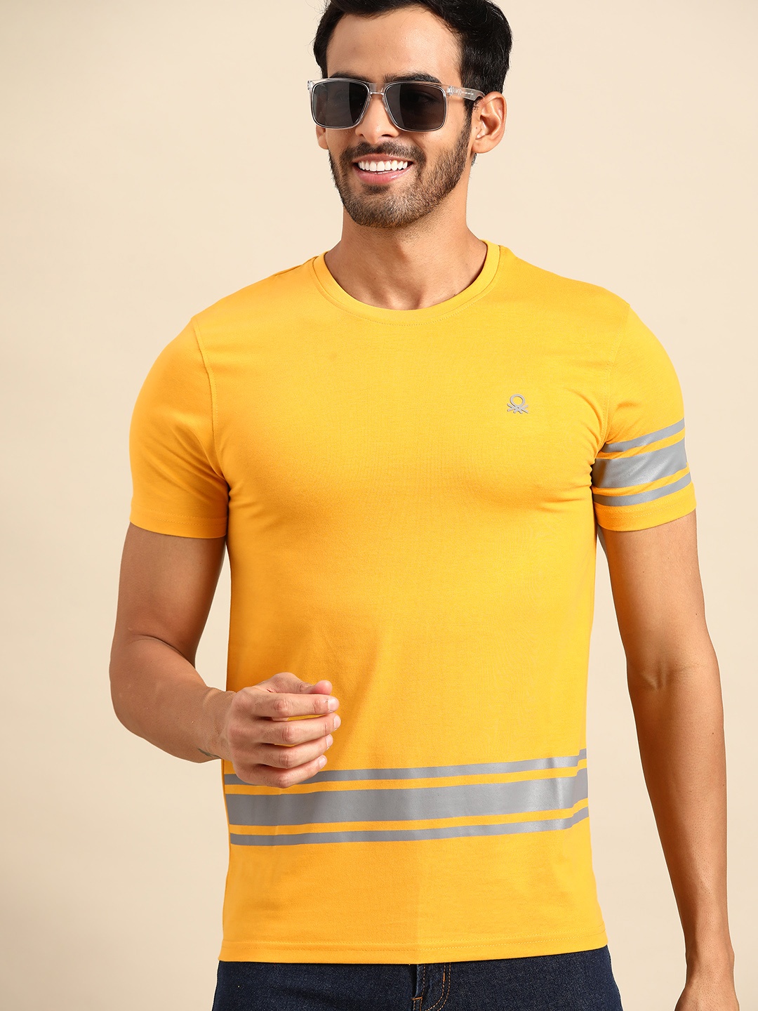 

United Colors of Benetton Men Mustard Yellow & Grey Striped T-shirt