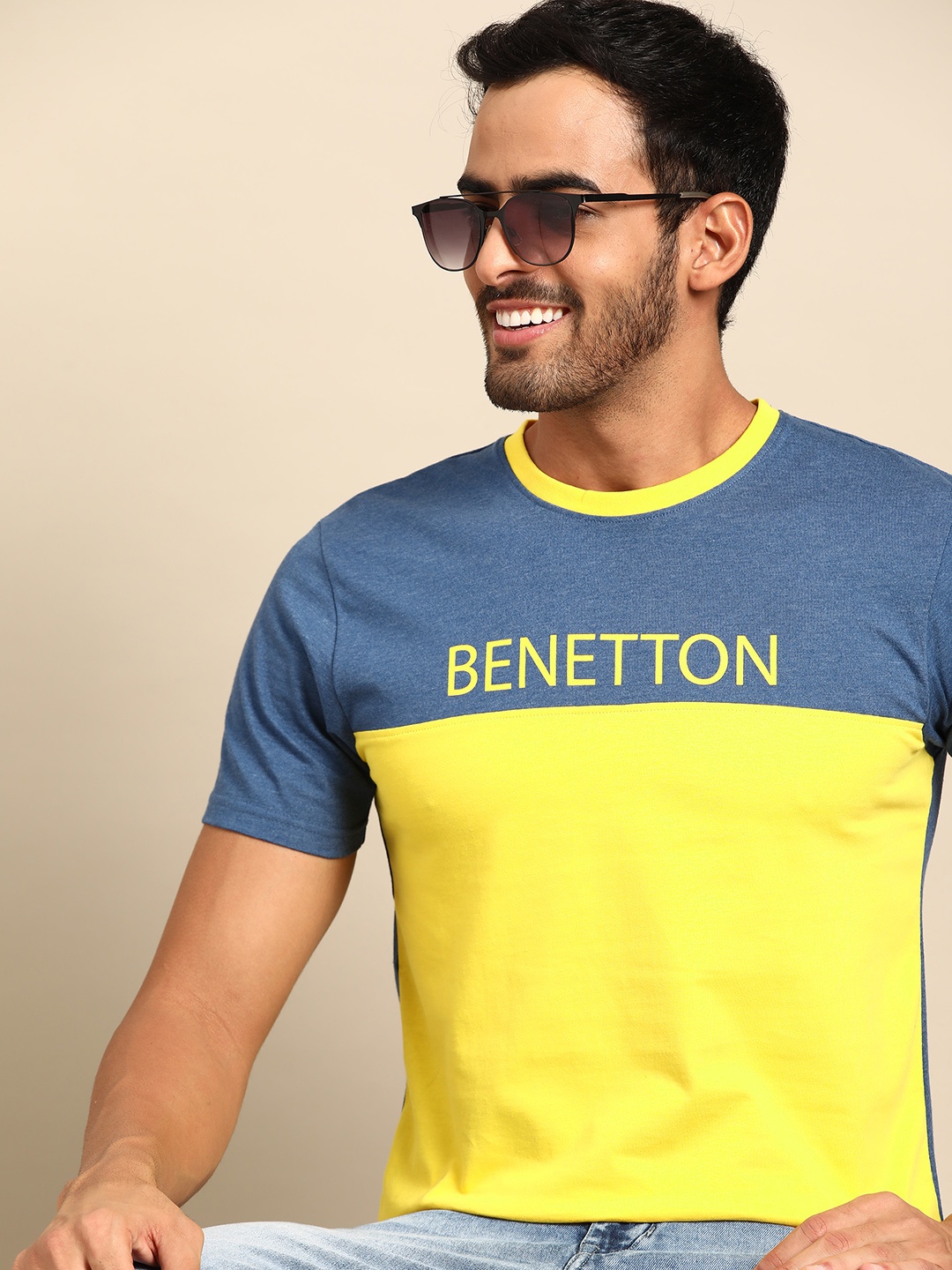 

United Colors of Benetton Men Yellow & Blue Colourblocked T-shirt