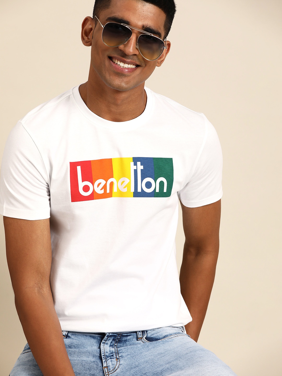 

United Colors of Benetton Men White Brand Logo Printed Pure Cotton T-shirt