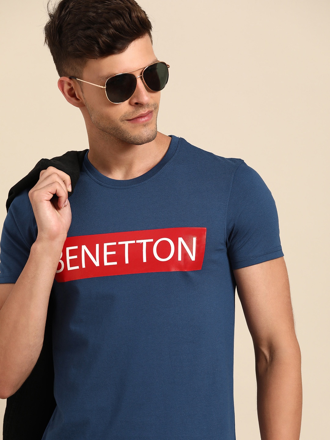 

United Colors of Benetton Men Navy Blue & Red Brand Logo Printed T-shirt